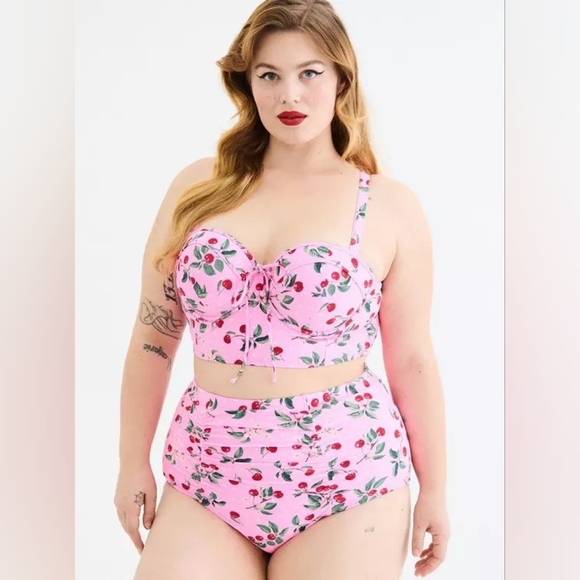 Torrid Retro Chic High-Rise Ruched Swim Bottom Pink Cheery Cherry 1X Nwt - Picture 5 of 6